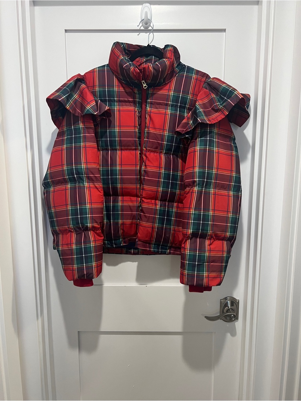 Hill House Red Plaid Ruffle-Shoulder Puffer Jacket